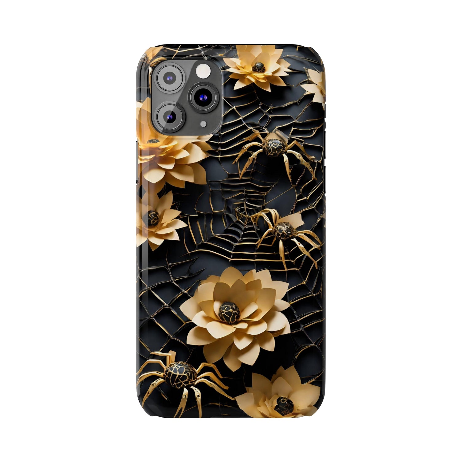 Halloween Black & Gold Spider Slim Phone Cases, Gold Flower Phone Case
