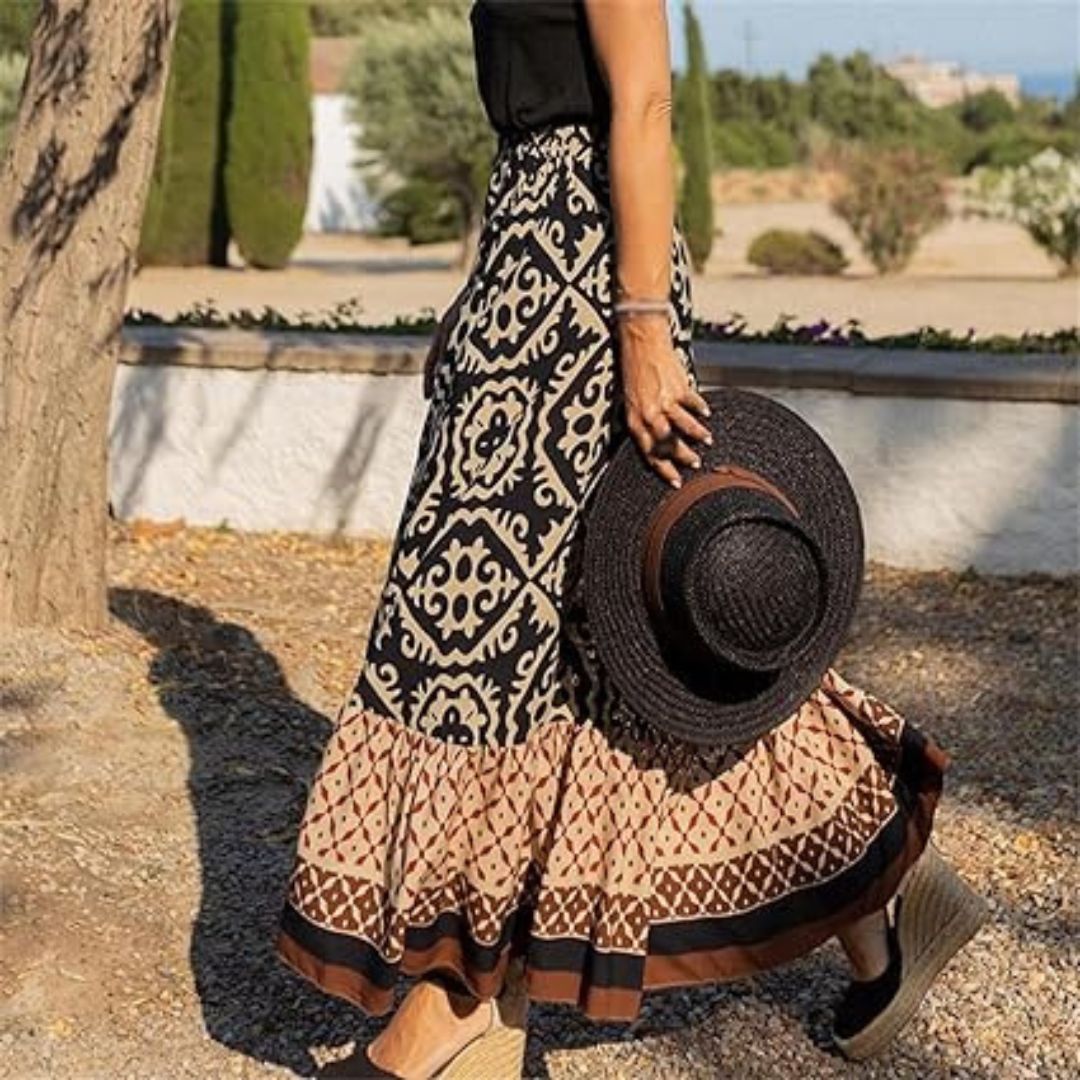 Julia - Maxi skirt with ethnic pattern and ruffled hem