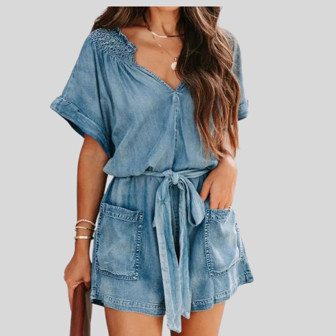 Marina - Casual denim romper with smocked detail