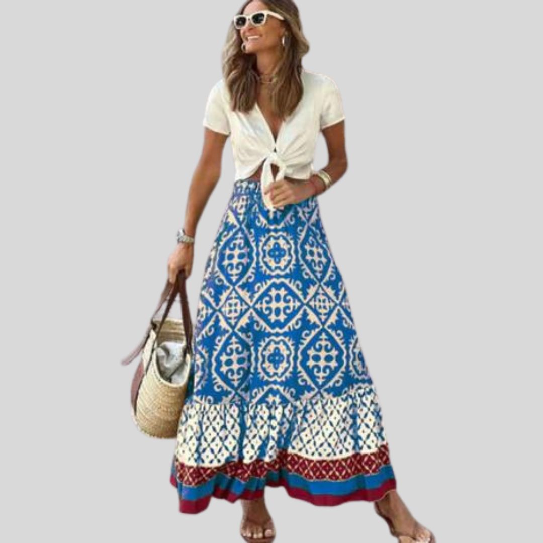 Julia - Maxi skirt with ethnic pattern and ruffled hem