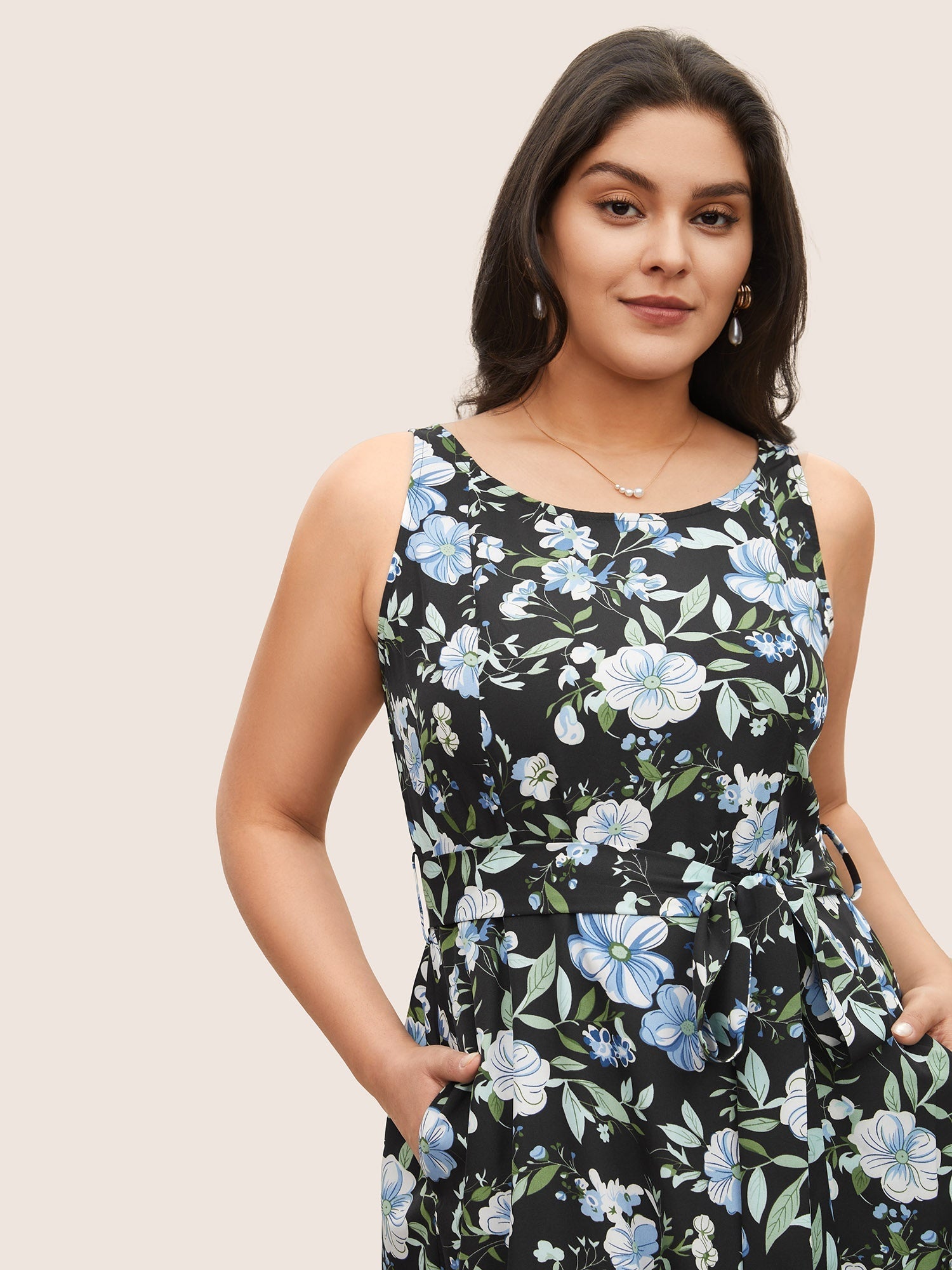 Floral Elastic Waist Sleeveless Pocket Belted Dress