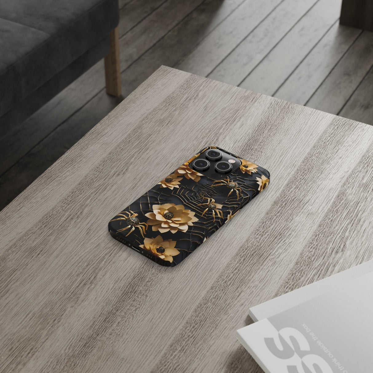 Halloween Black & Gold Spider Slim Phone Cases, Gold Flower Phone Case