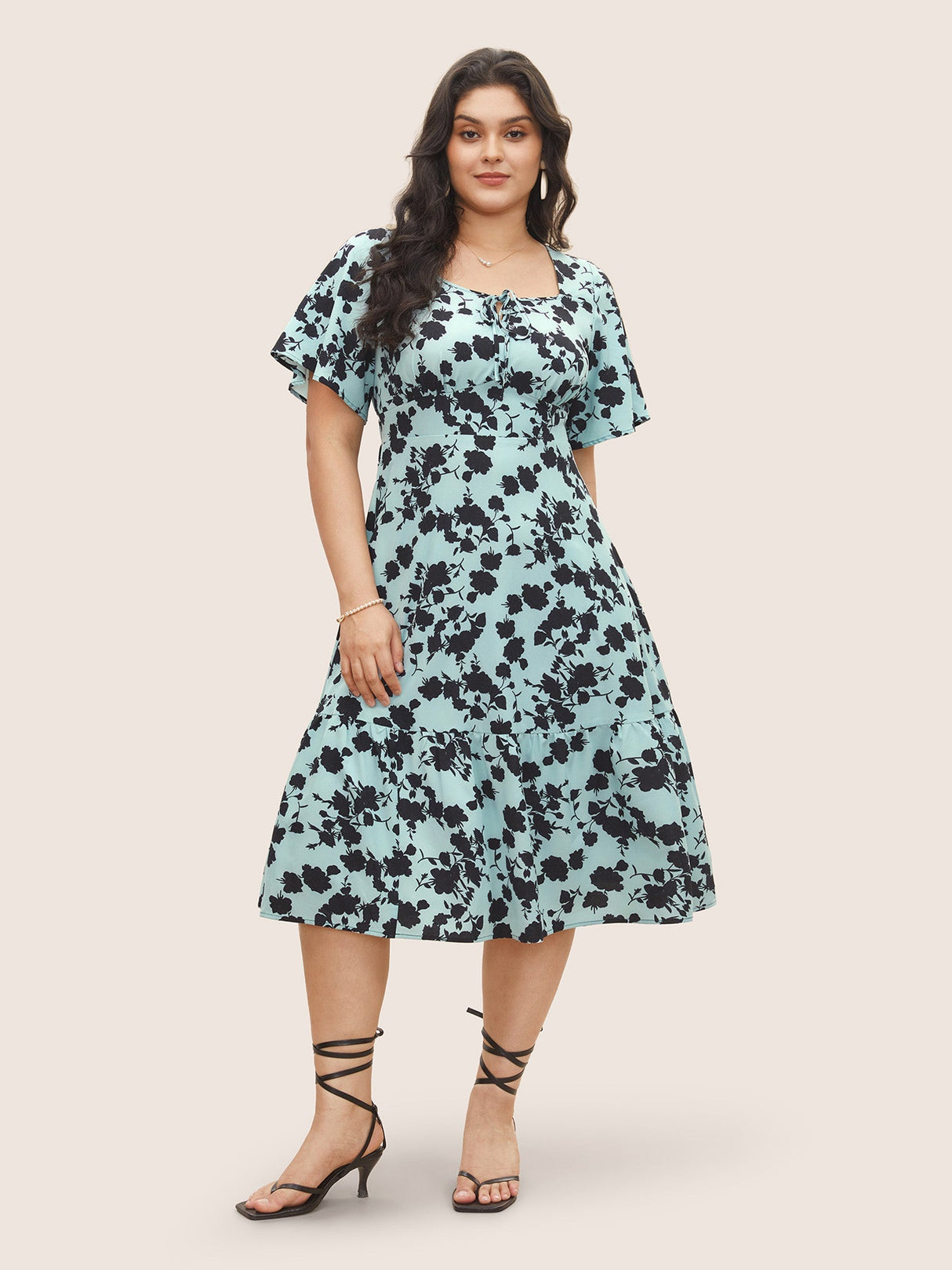 Silhouette Floral Print Knot Neck Flutter Hem Dress