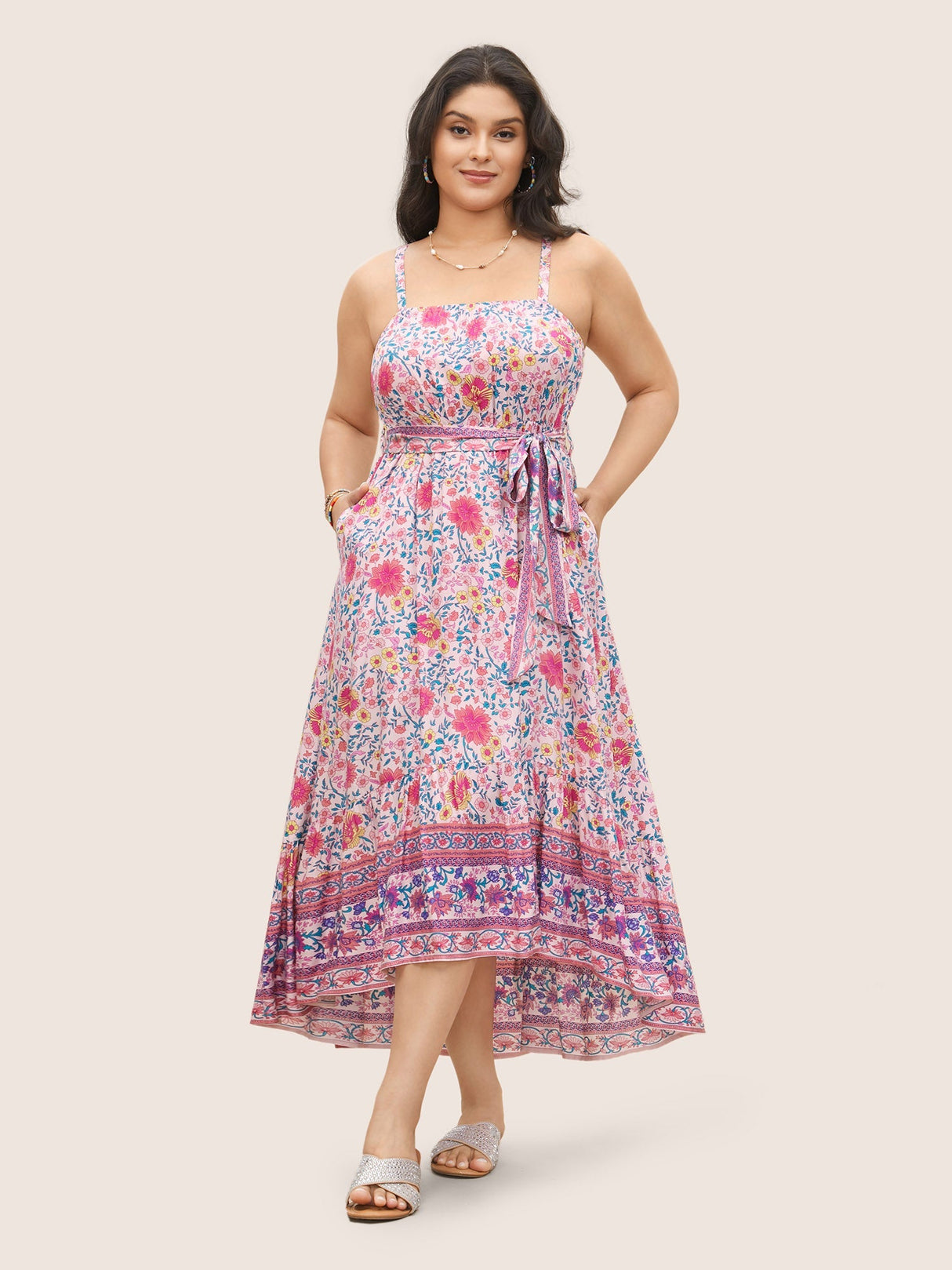 Floral Elastic Waist Patchwork Cami Dress