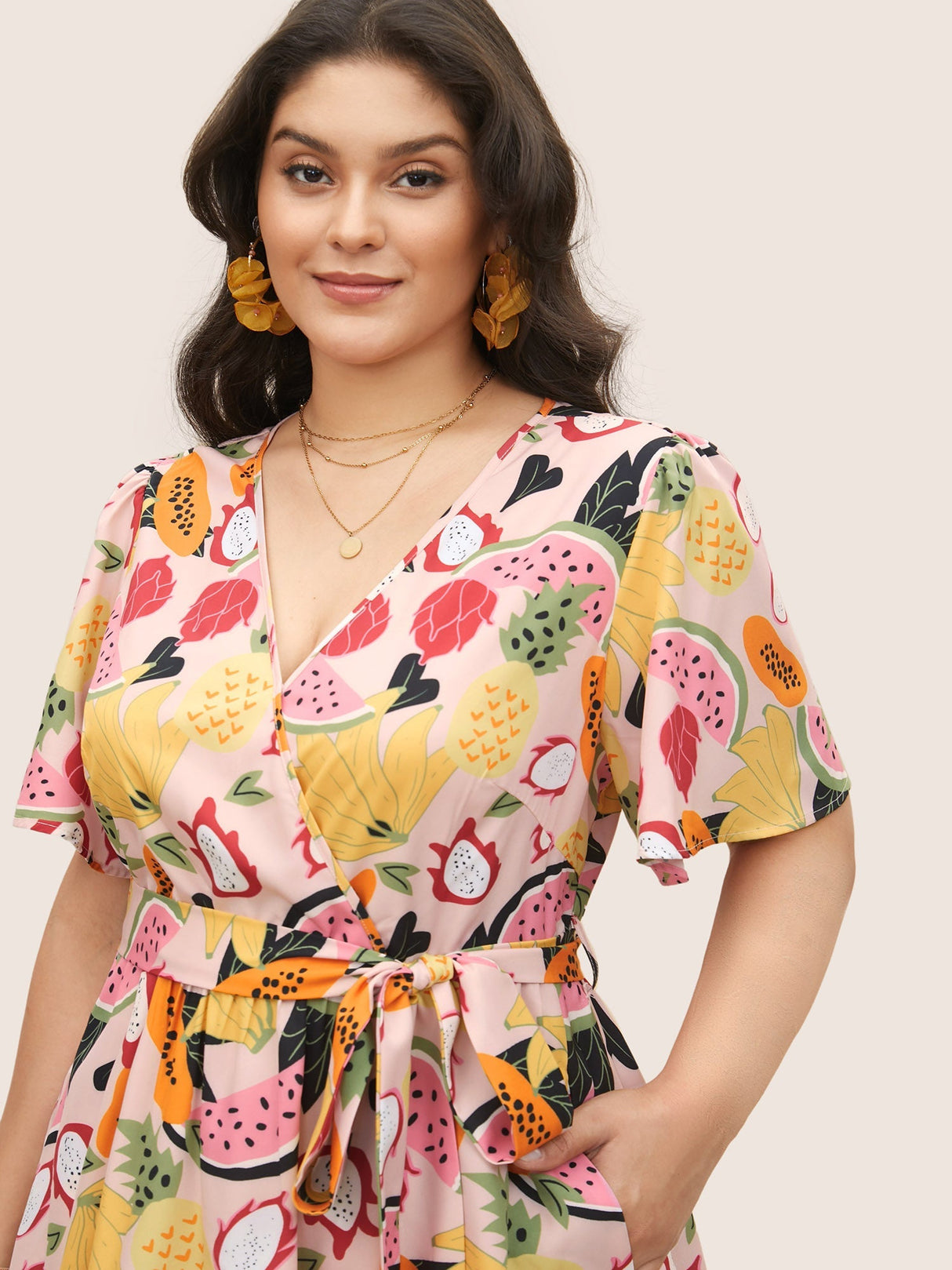 Fruit Print Overlap Collar Belted Pocket Dress