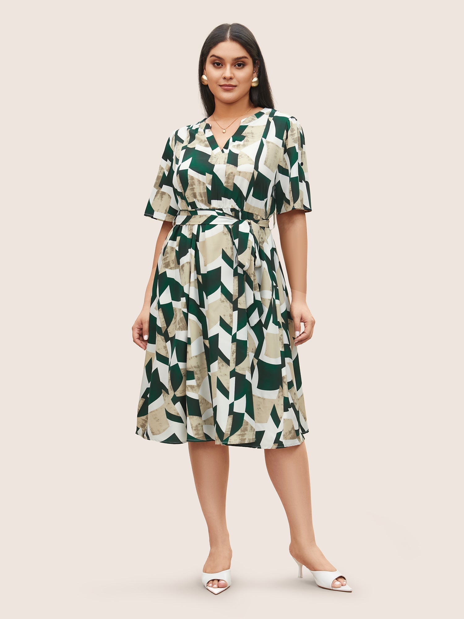 Geometric Pocket Flat Collar With V Notch Dress
