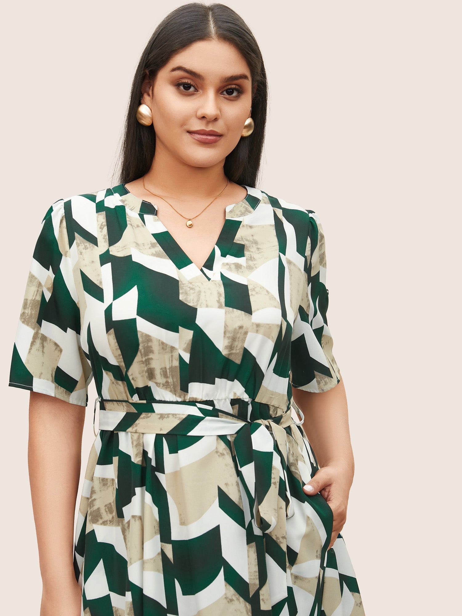 Geometric Pocket Flat Collar With V Notch Dress