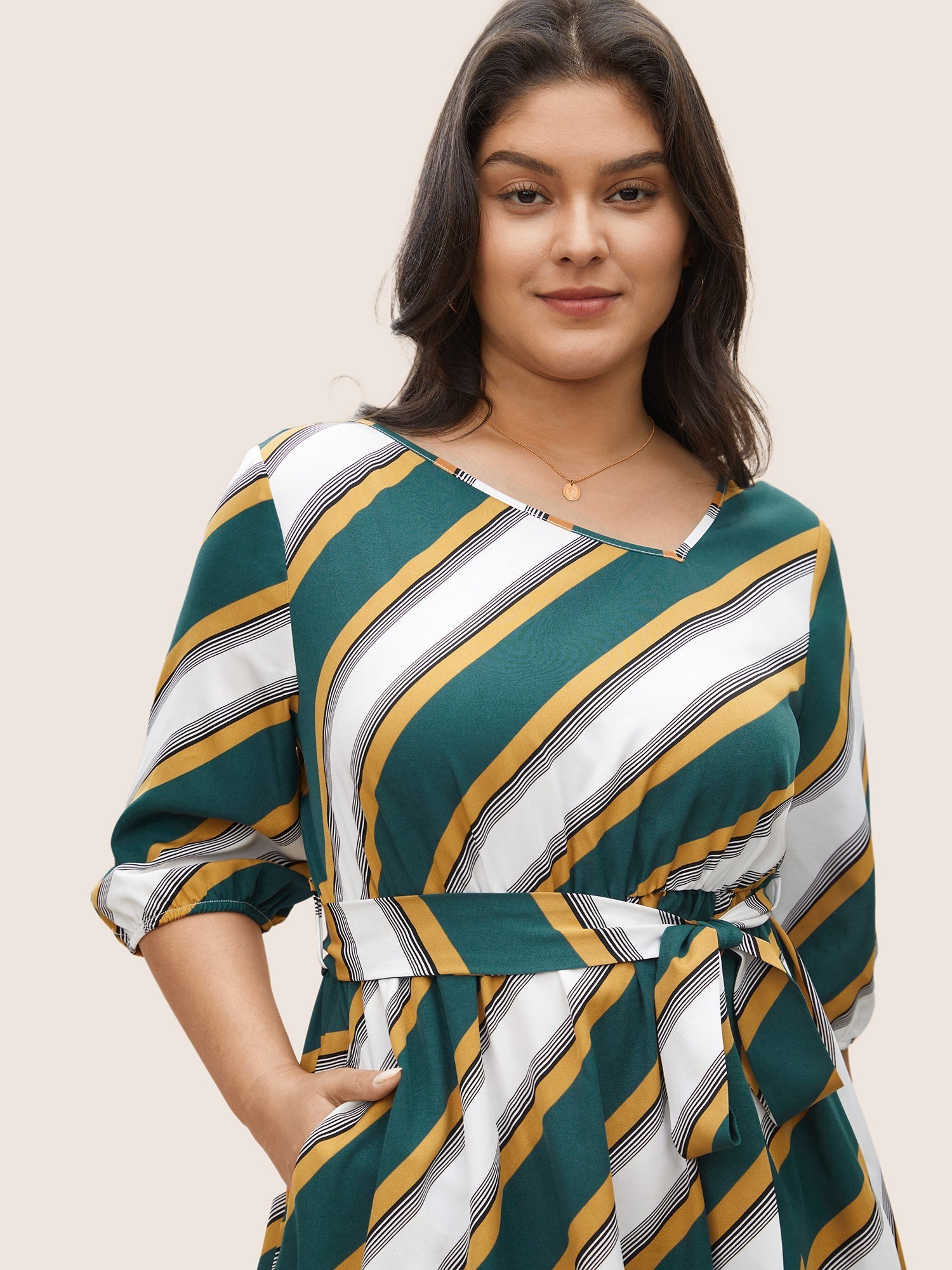 Striped Contrast Asymmetrical Neck Belted Dress