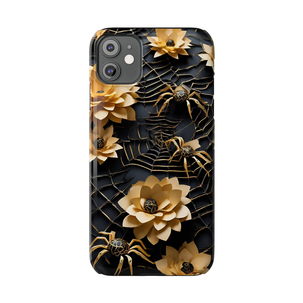 Halloween Black & Gold Spider Slim Phone Cases, Gold Flower Phone Case