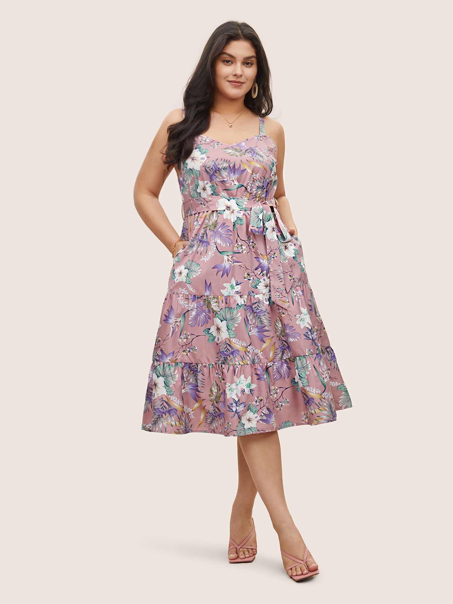 Floral Belted Adjustable Straps Layered Hem Dress