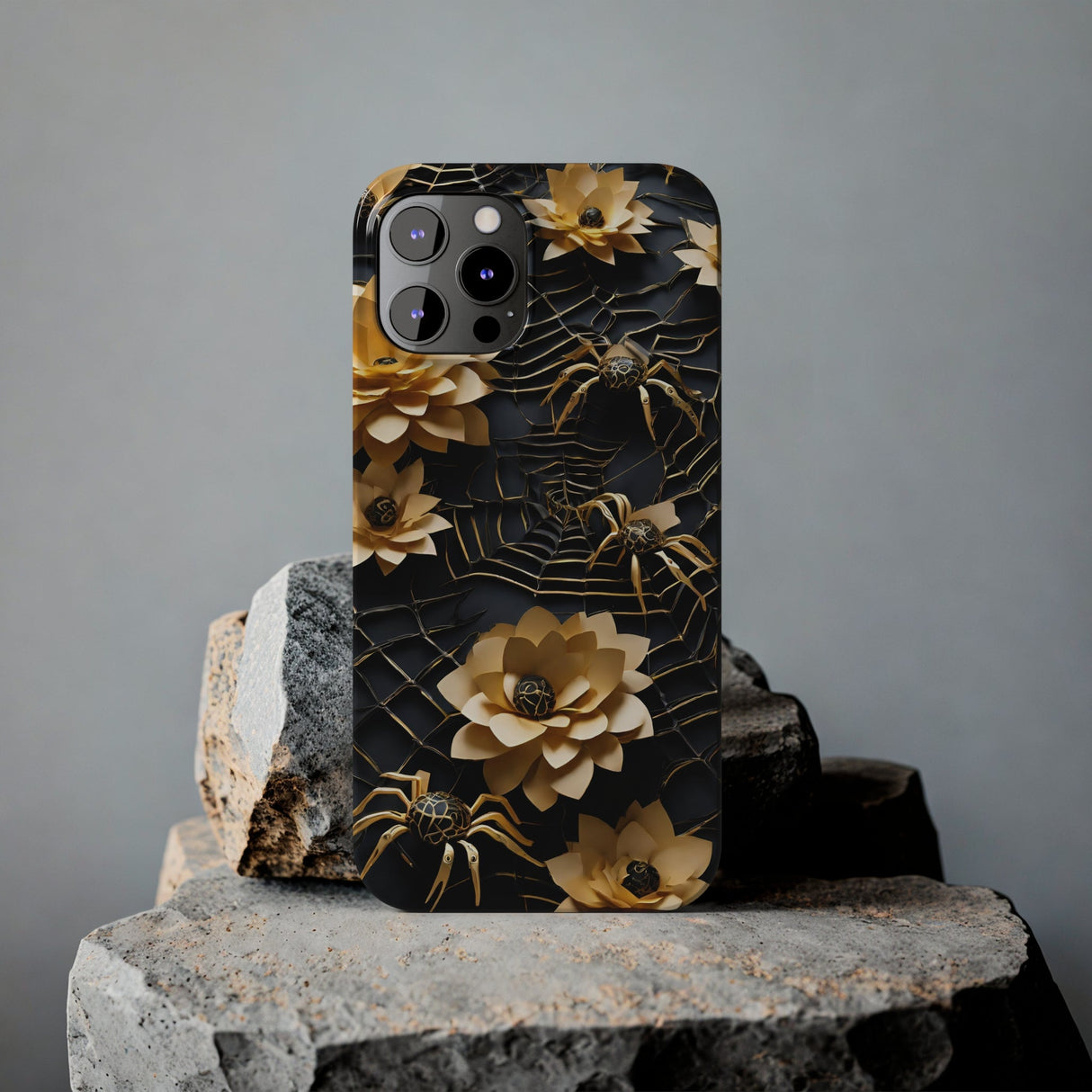 Halloween Black & Gold Spider Slim Phone Cases, Gold Flower Phone Case