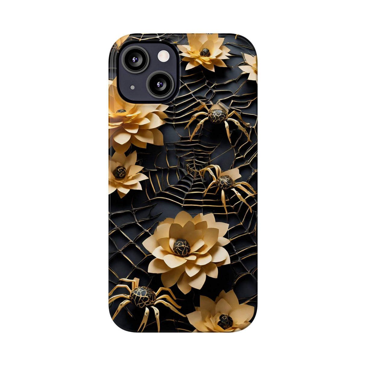 Halloween Black & Gold Spider Slim Phone Cases, Gold Flower Phone Case