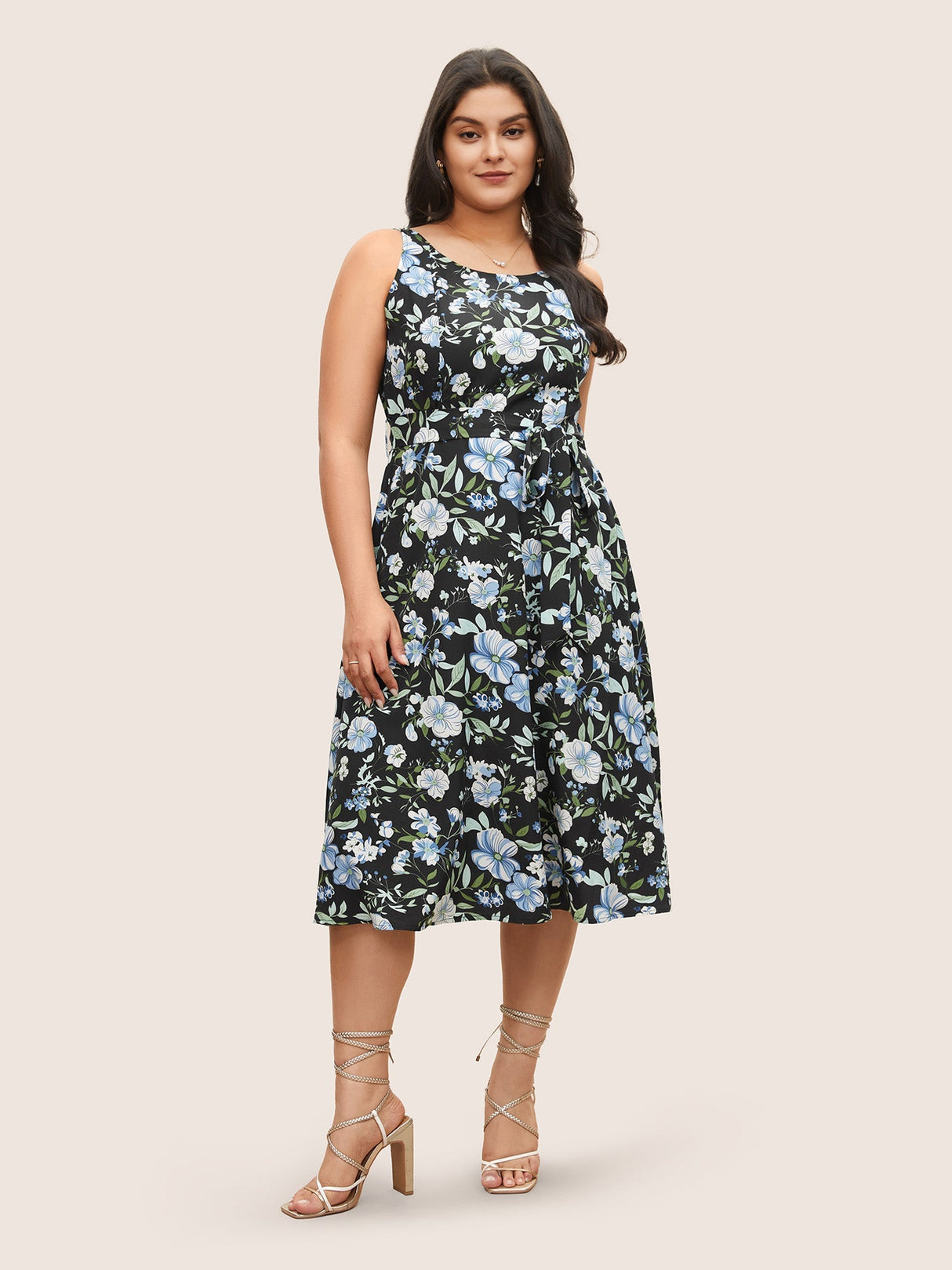Floral Elastic Waist Sleeveless Pocket Belted Dress