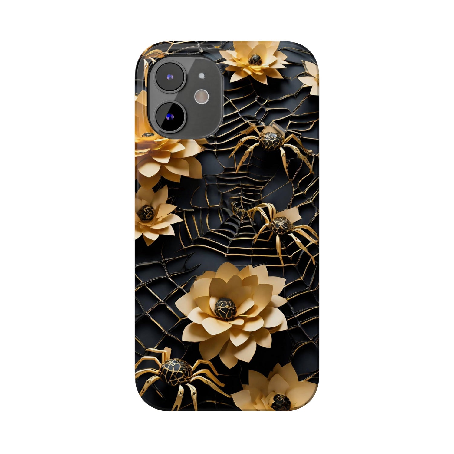 Halloween Black & Gold Spider Slim Phone Cases, Gold Flower Phone Case
