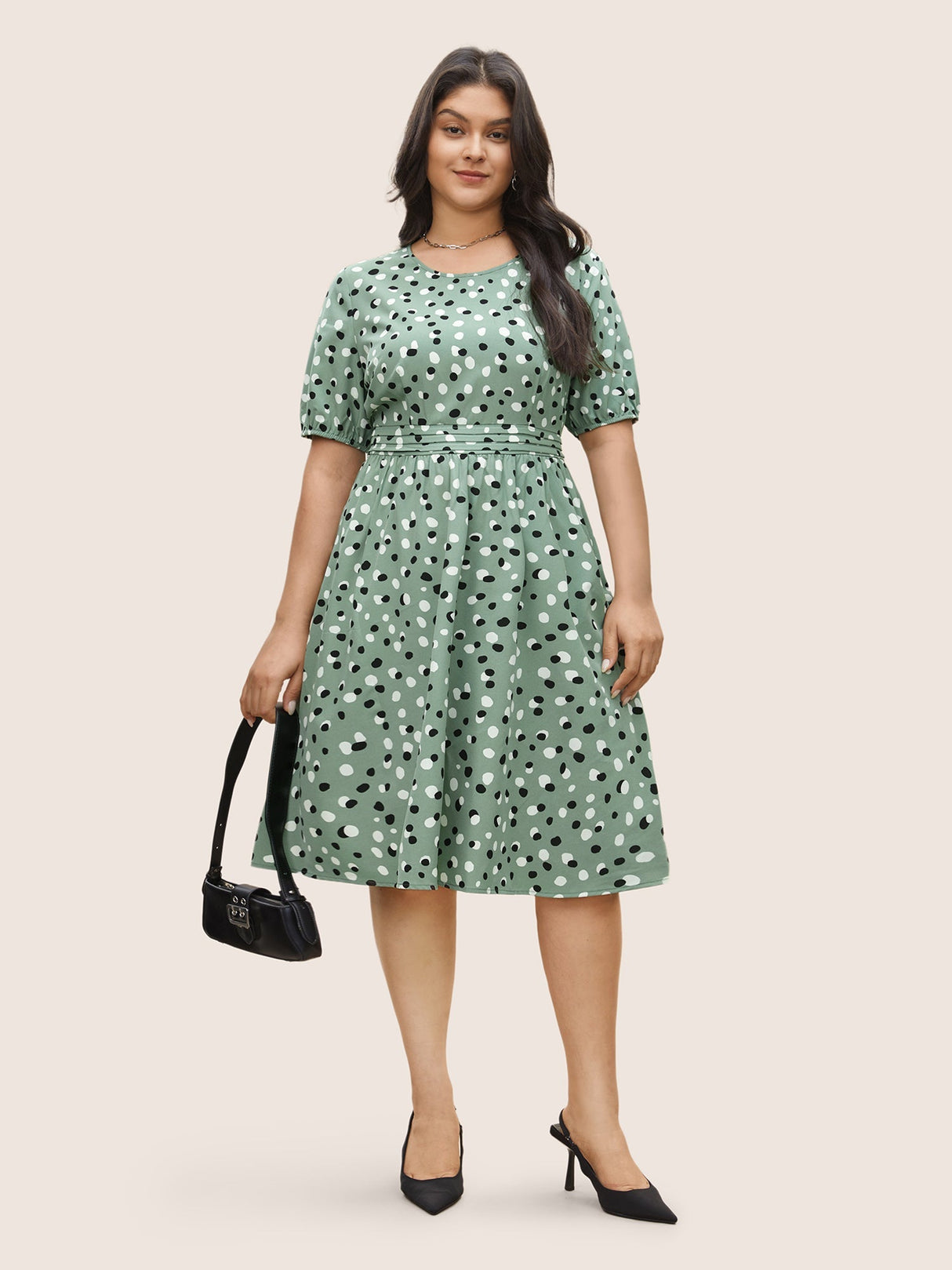 Allover Print Pleated Lantern Sleeve Dress