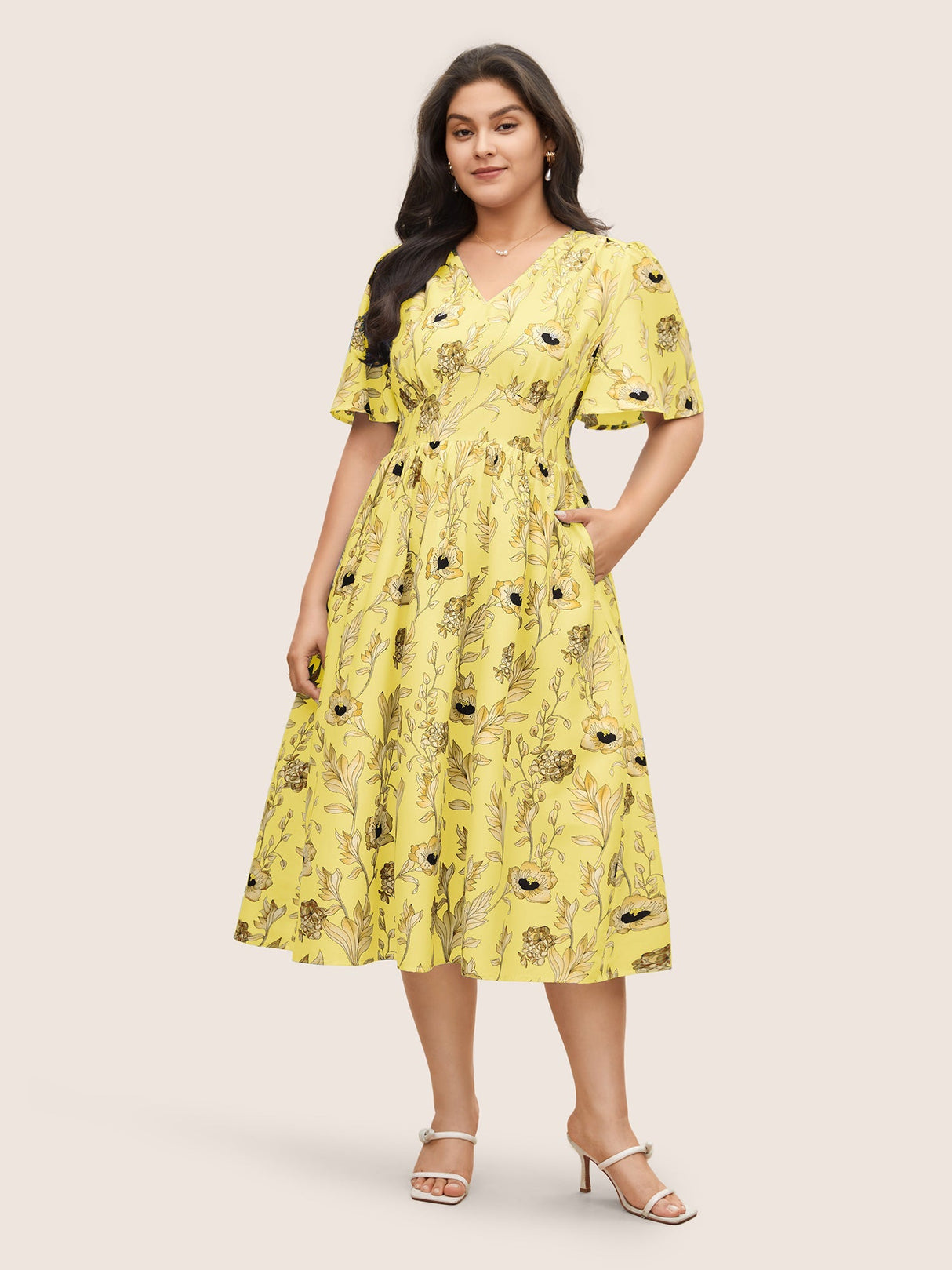 Floral Pocket Shirred Elastic Waist Dress