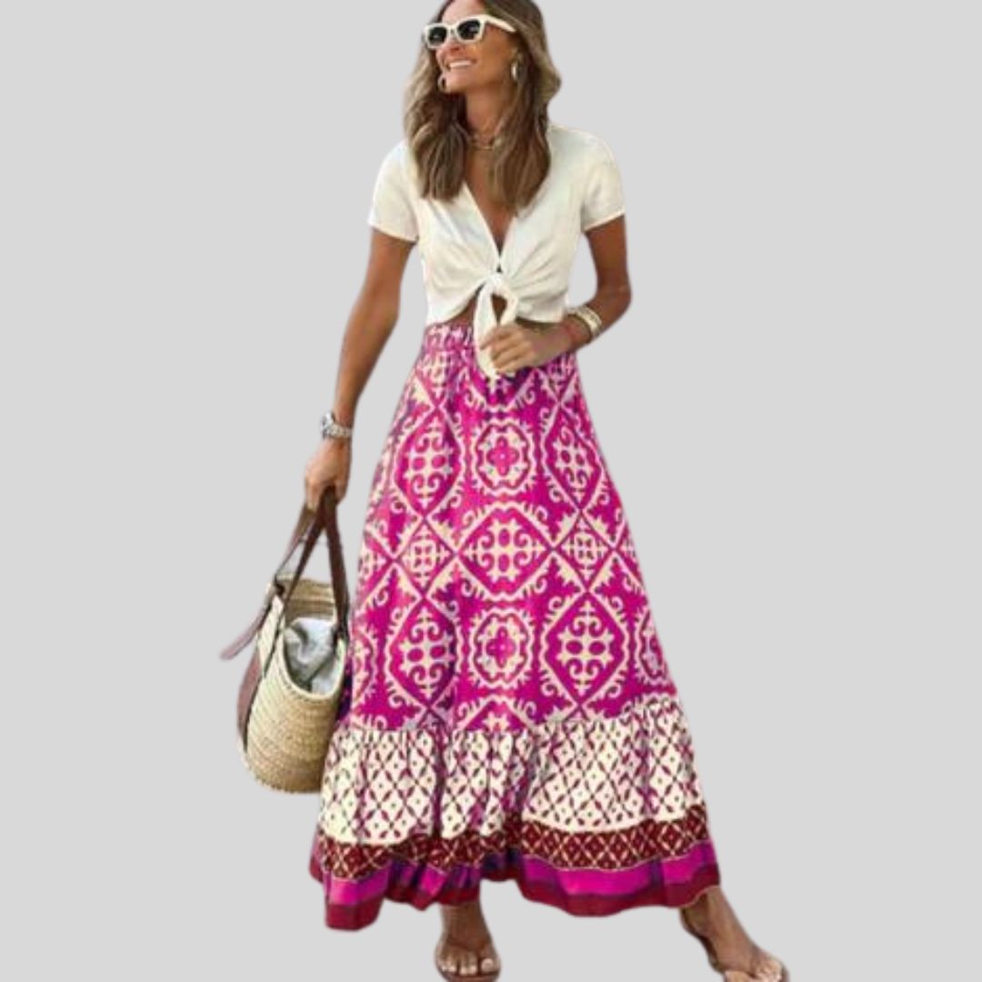 Julia - Maxi skirt with ethnic pattern and ruffled hem