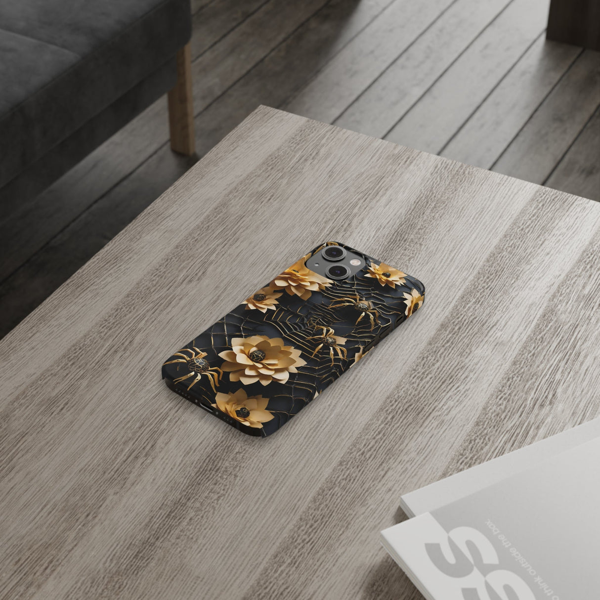Halloween Black & Gold Spider Slim Phone Cases, Gold Flower Phone Case