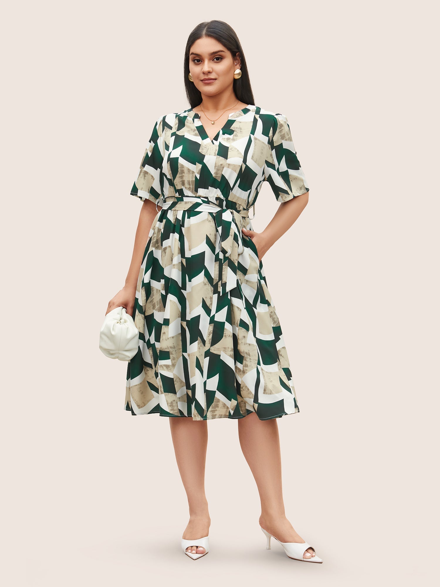 Geometric Pocket Flat Collar With V Notch Dress