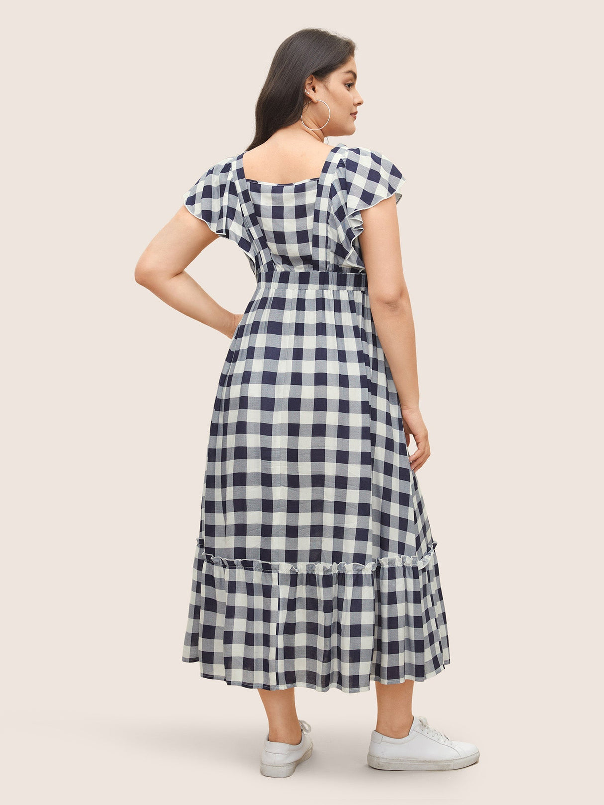 Plaid Elastic Waist Patchwork Ruffle Cap Sleeve Dress