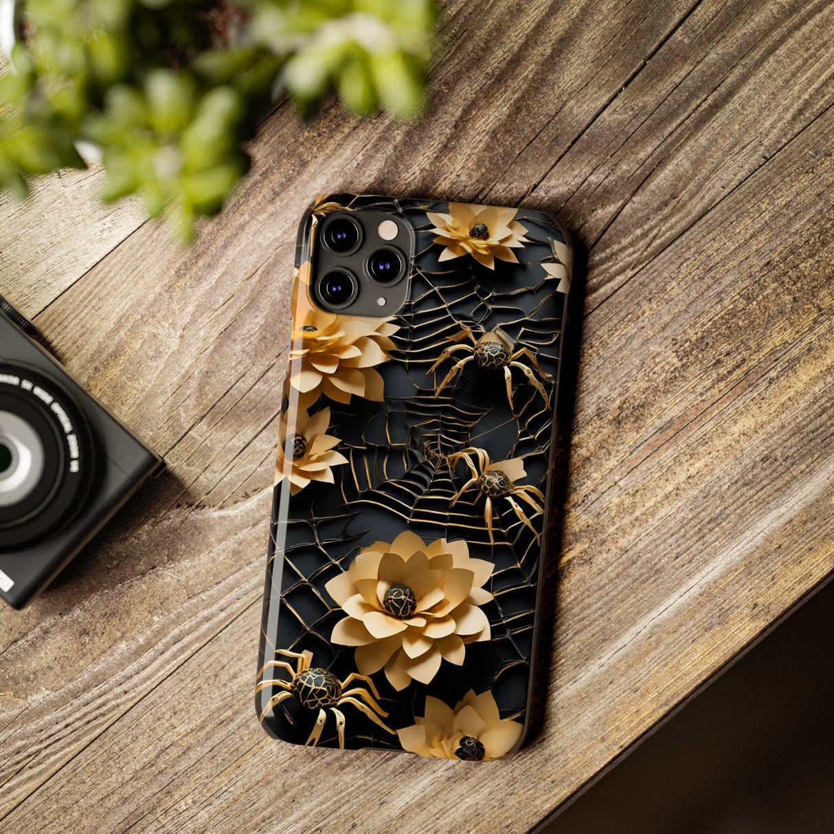 Halloween Black & Gold Spider Slim Phone Cases, Gold Flower Phone Case
