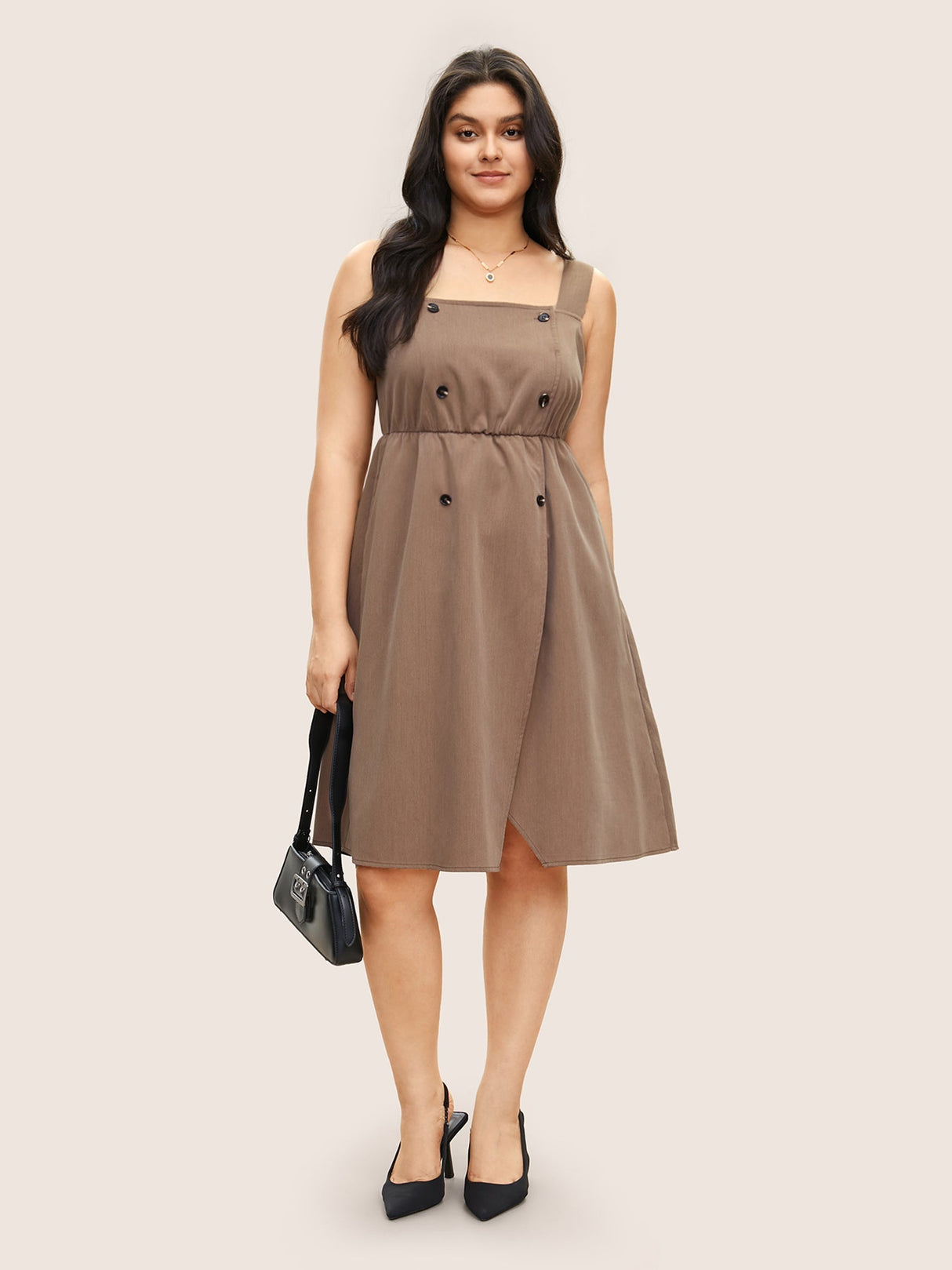Spaghetti Strap Solid Elastic Waist Dress