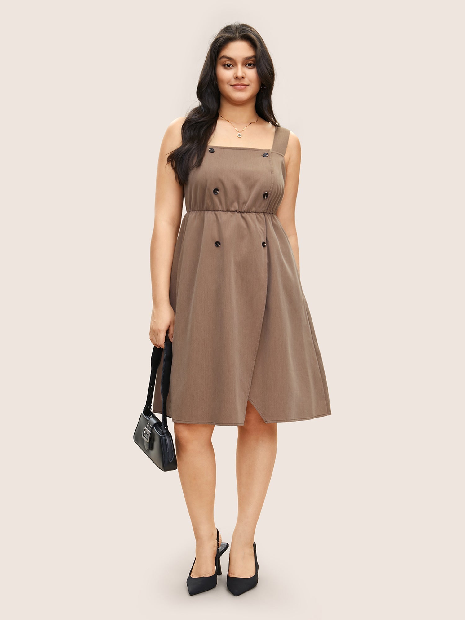 Spaghetti Strap Solid Elastic Waist Dress