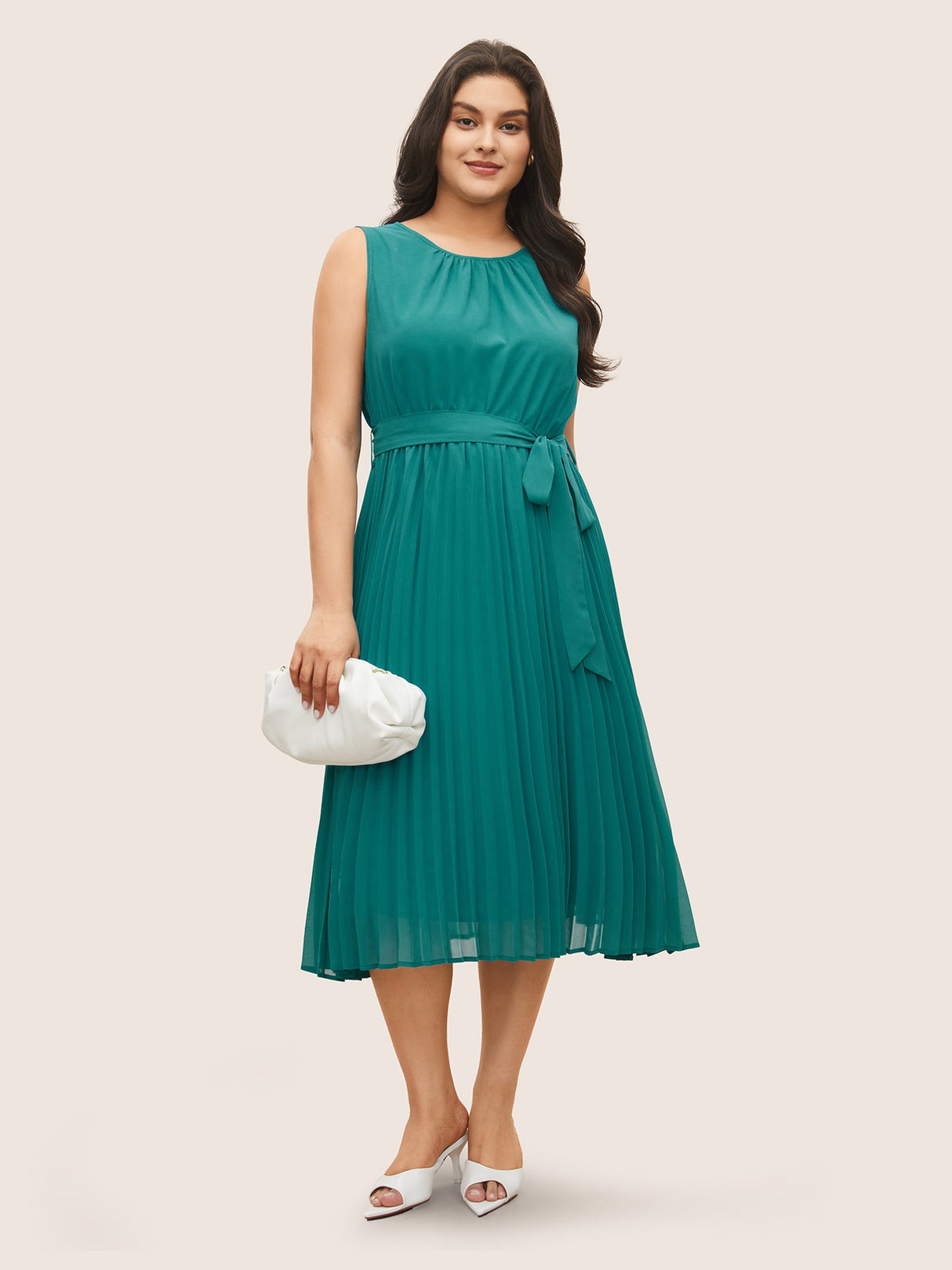 Plain Sleeveless Elastic Waist Pleated Belted Dress