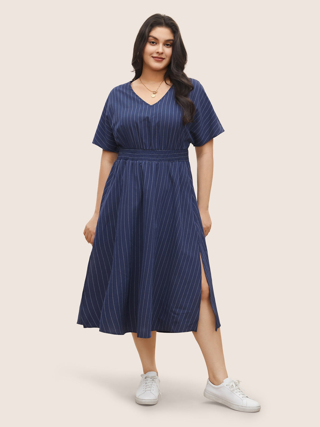 Striped V Neck Slit Hem Shirred Dress