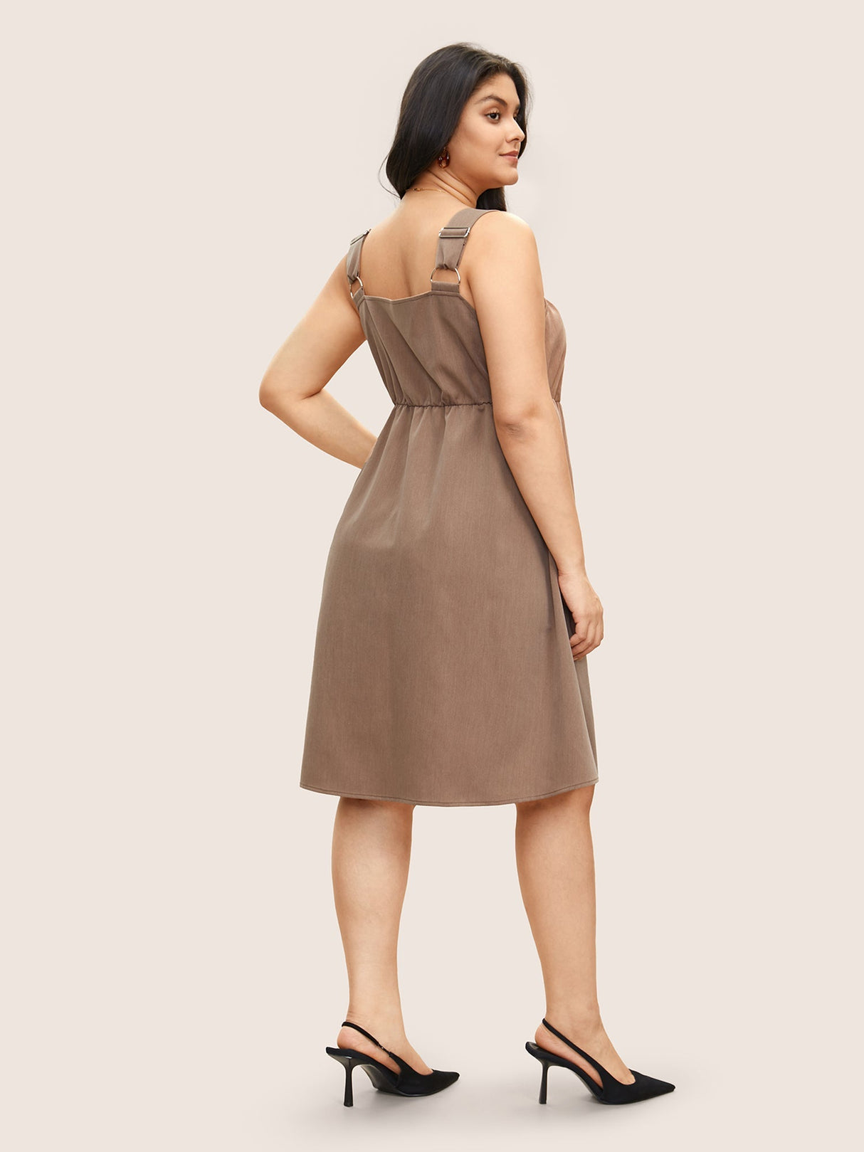 Spaghetti Strap Solid Elastic Waist Dress