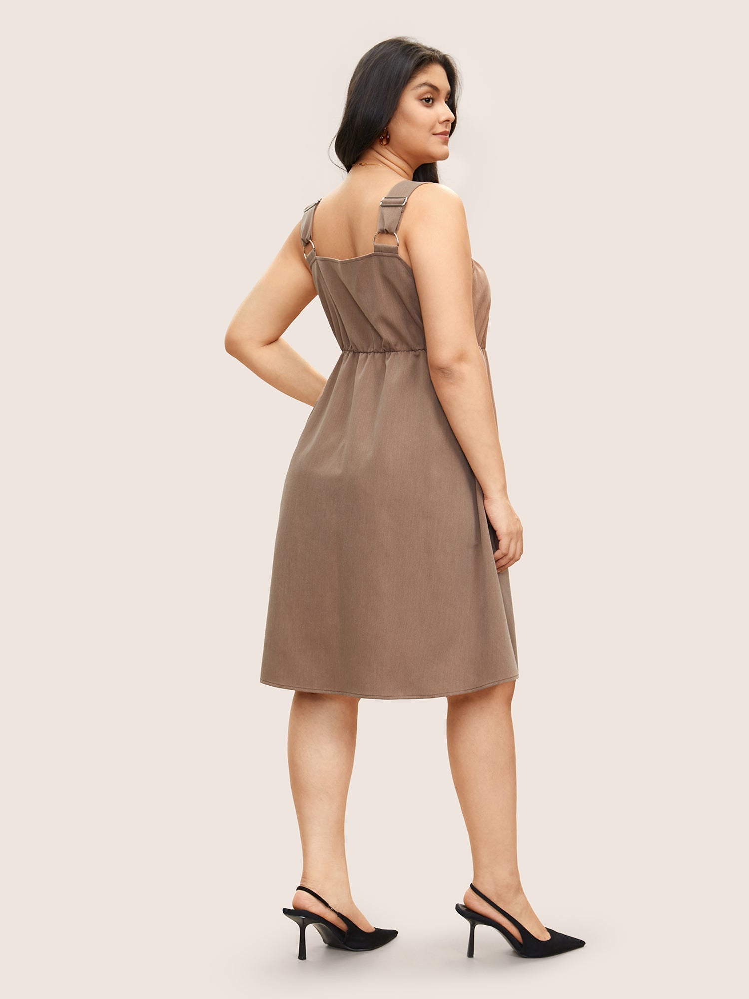 Spaghetti Strap Solid Elastic Waist Dress