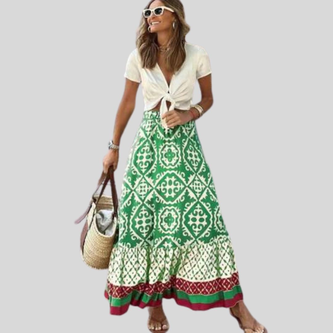Julia - Maxi skirt with ethnic pattern and ruffled hem