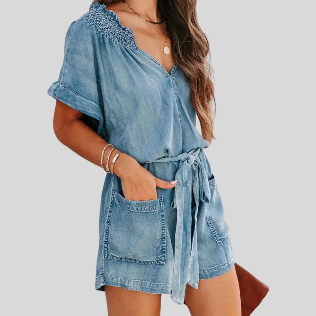 Marina - Casual denim romper with smocked detail