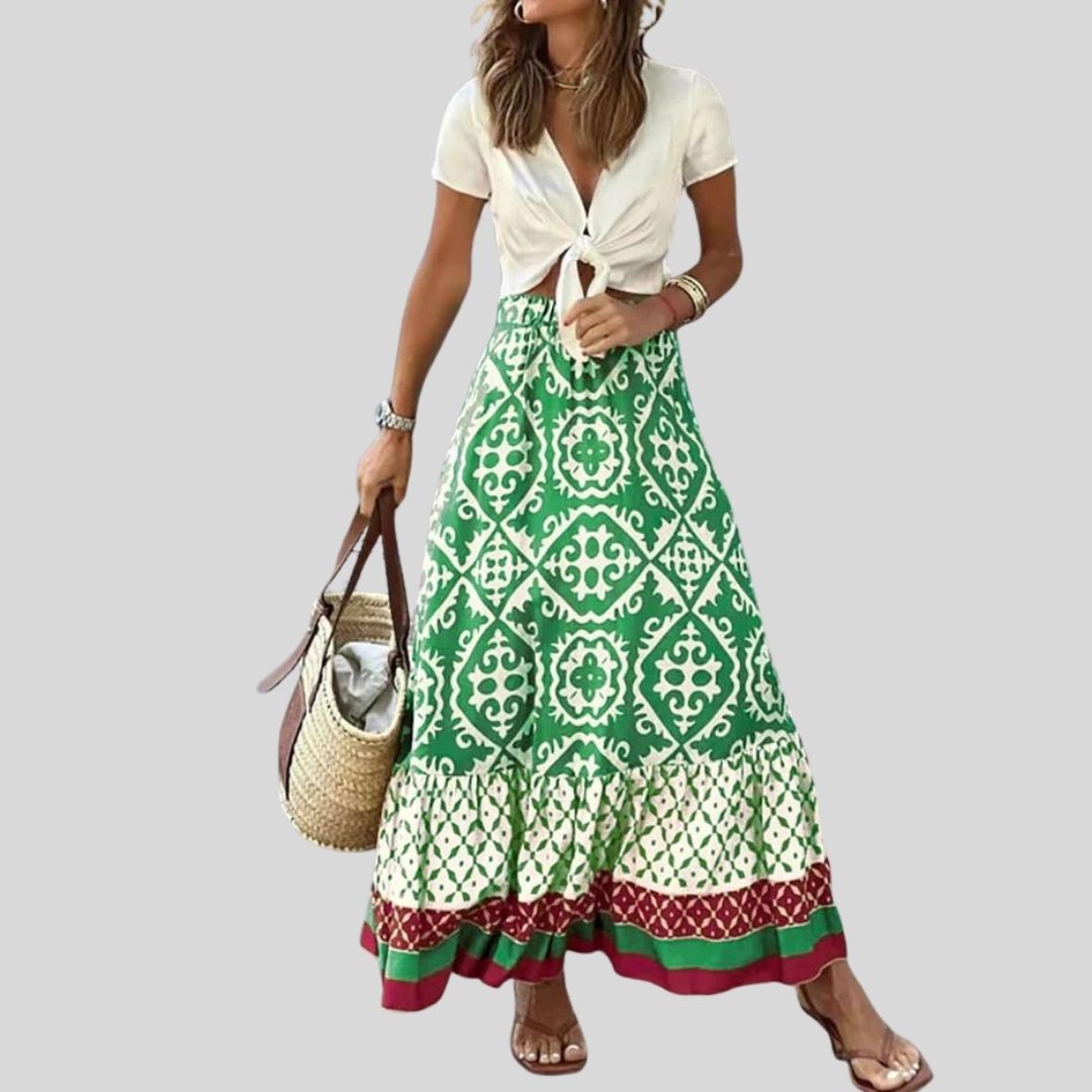 Julia - Maxi skirt with ethnic pattern and ruffled hem