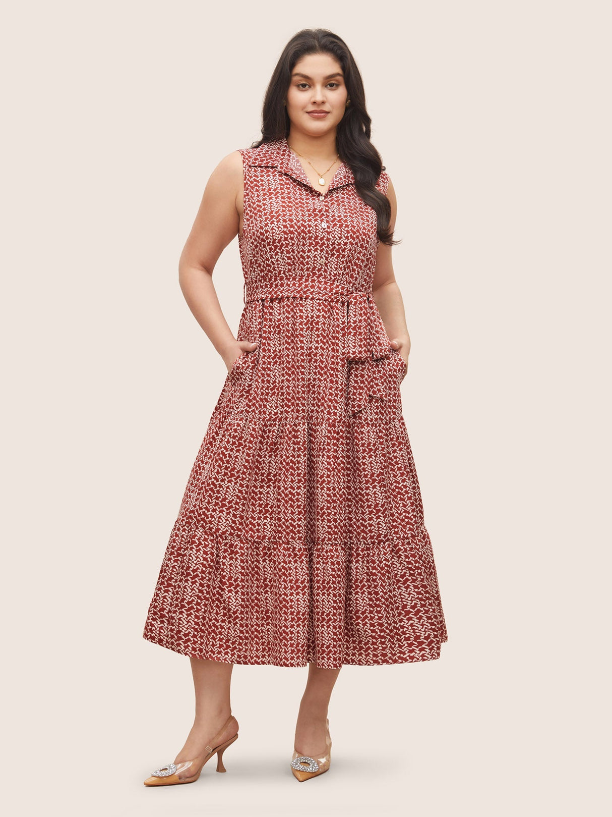 Graphic Ruffle Layered Hem Sleeveless Dress