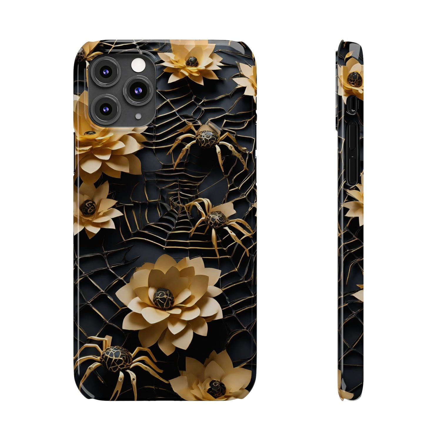 Halloween Black & Gold Spider Slim Phone Cases, Gold Flower Phone Case