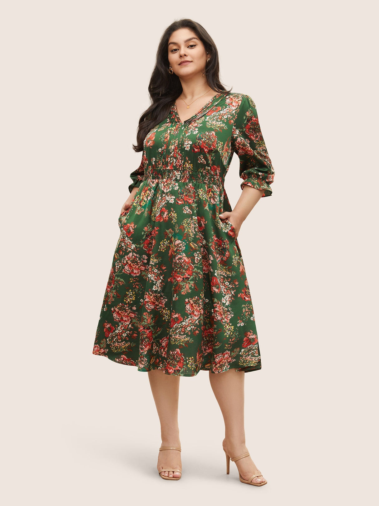 Floral Print Flutter Sleeve Shirred Pleated Dress