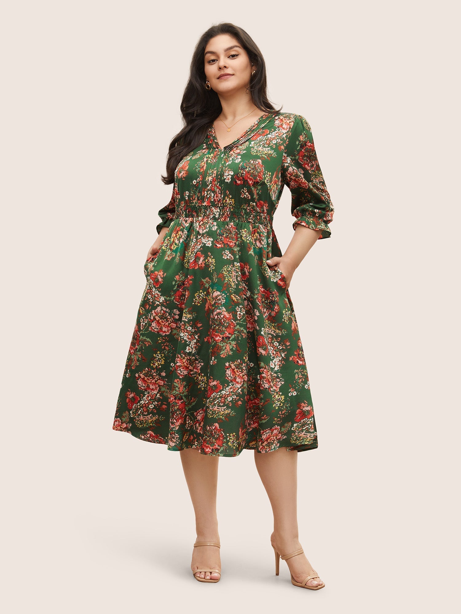 Floral Print Flutter Sleeve Shirred Pleated Dress