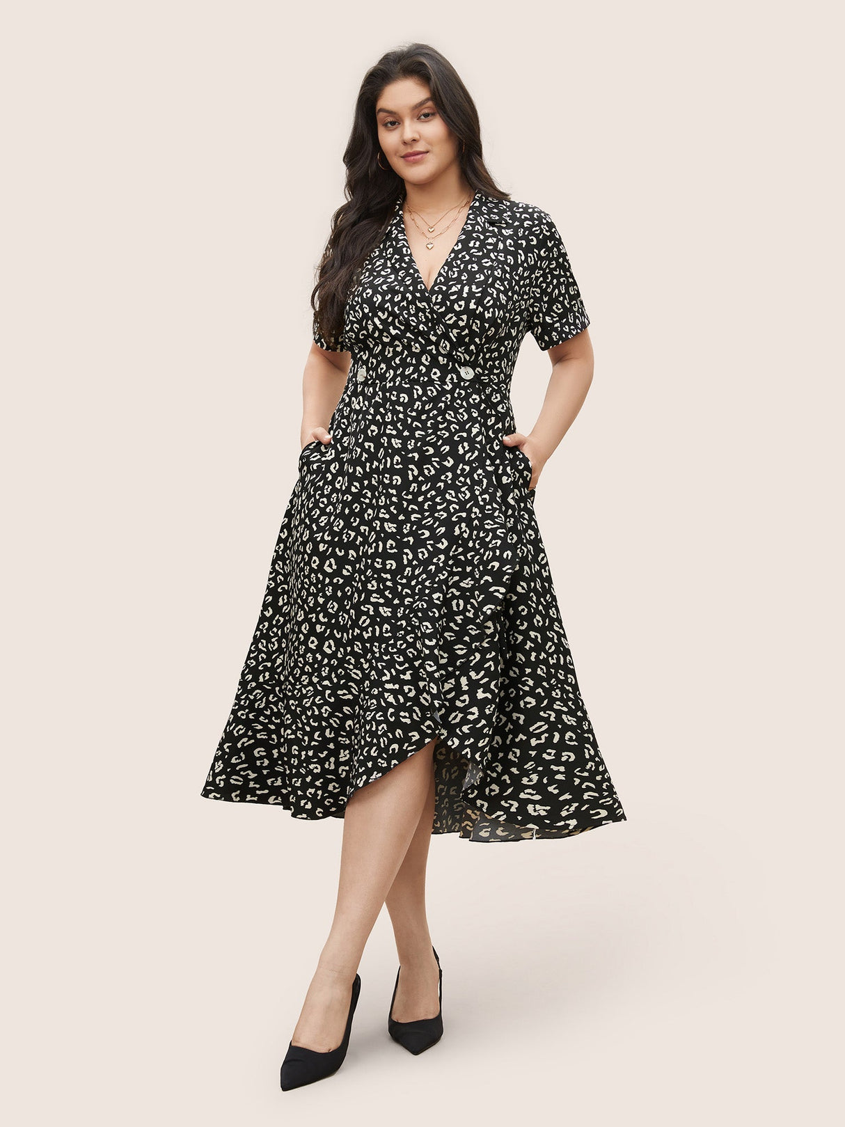 Leopard Print Suit Collar Ruffle Hem Dress