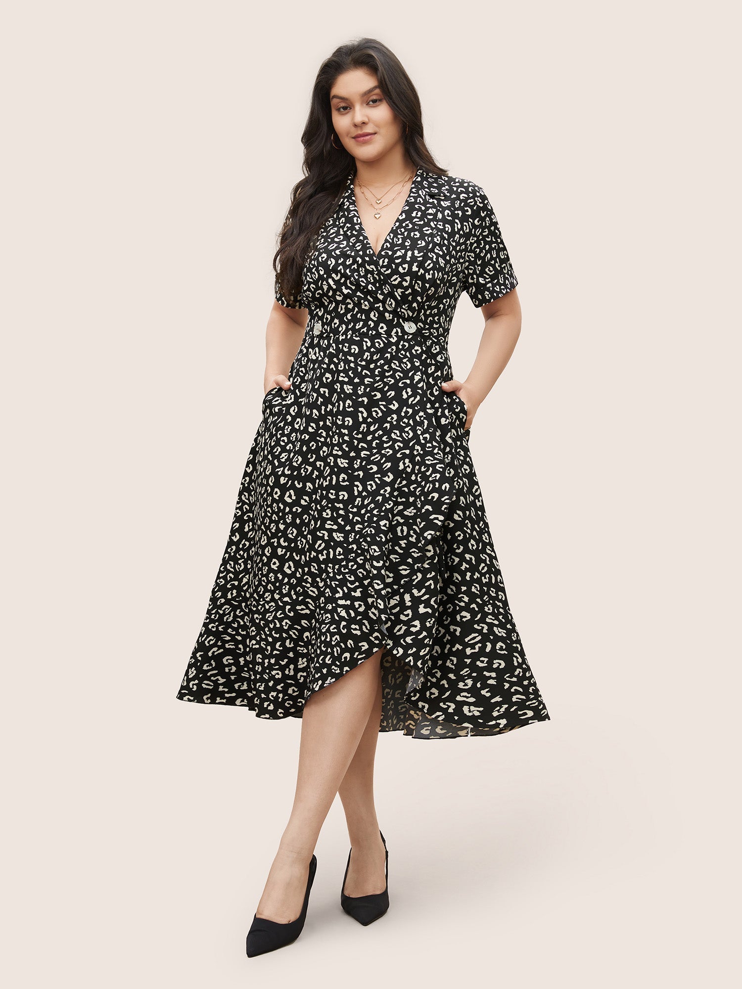 Leopard Print Suit Collar Ruffle Hem Dress