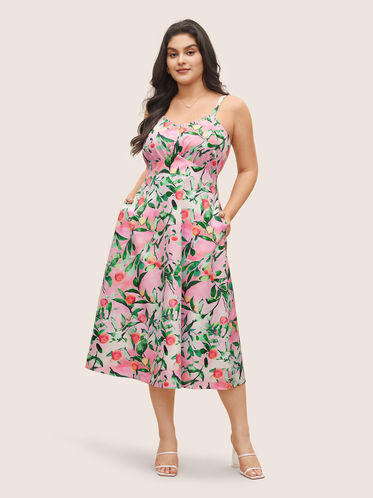 Peachs Print Frill Trim Pocket Cami Dress