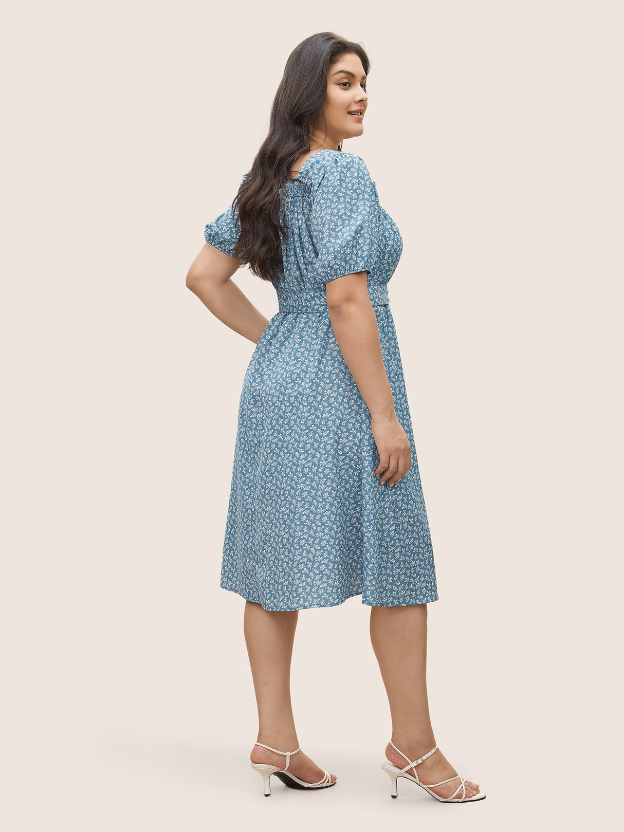 Ditsy Floral Tie Neck Frill Trim Belted Dress