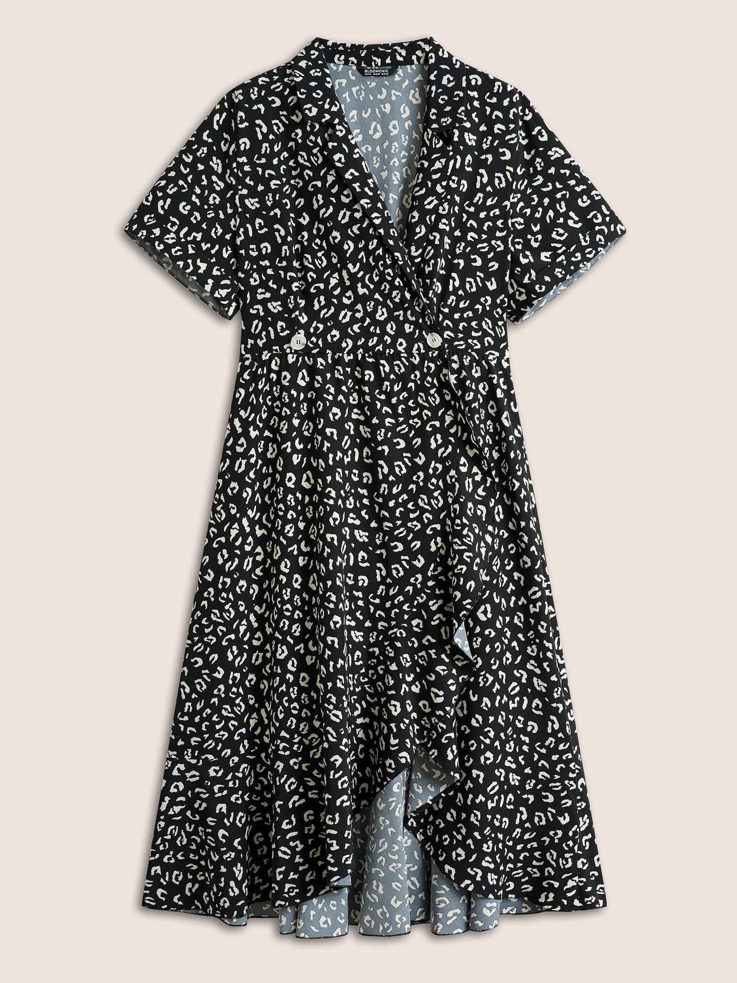 Leopard Print Suit Collar Ruffle Hem Dress