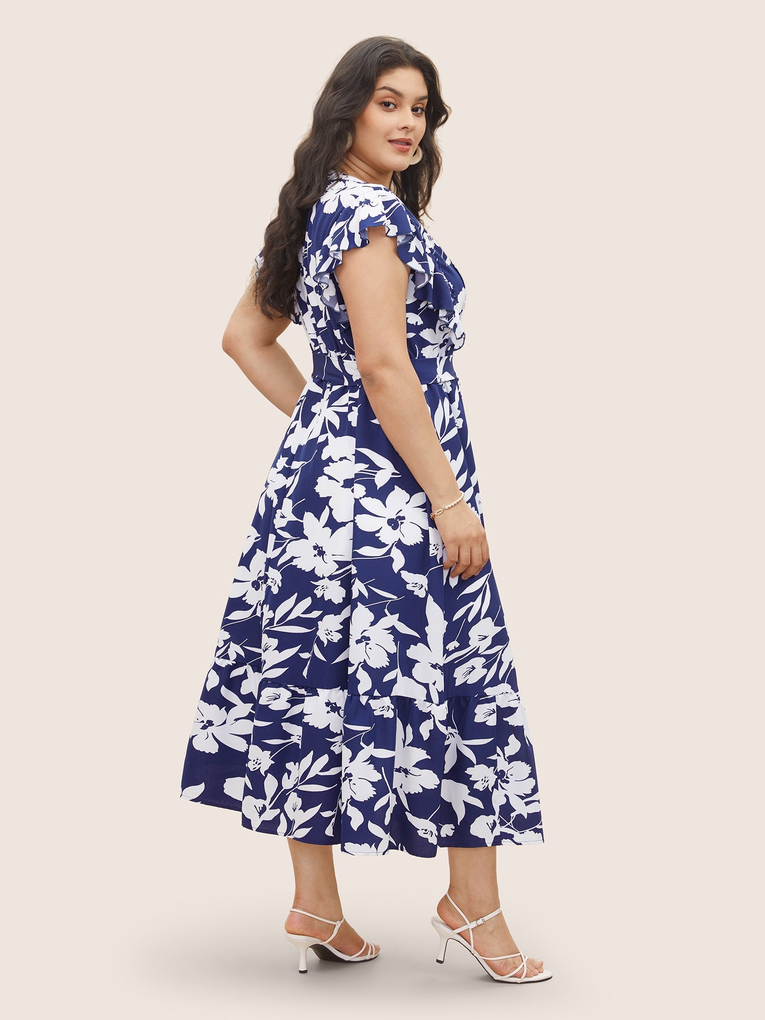 Silhouette Floral Print Ruffle Cap Sleeve Dress