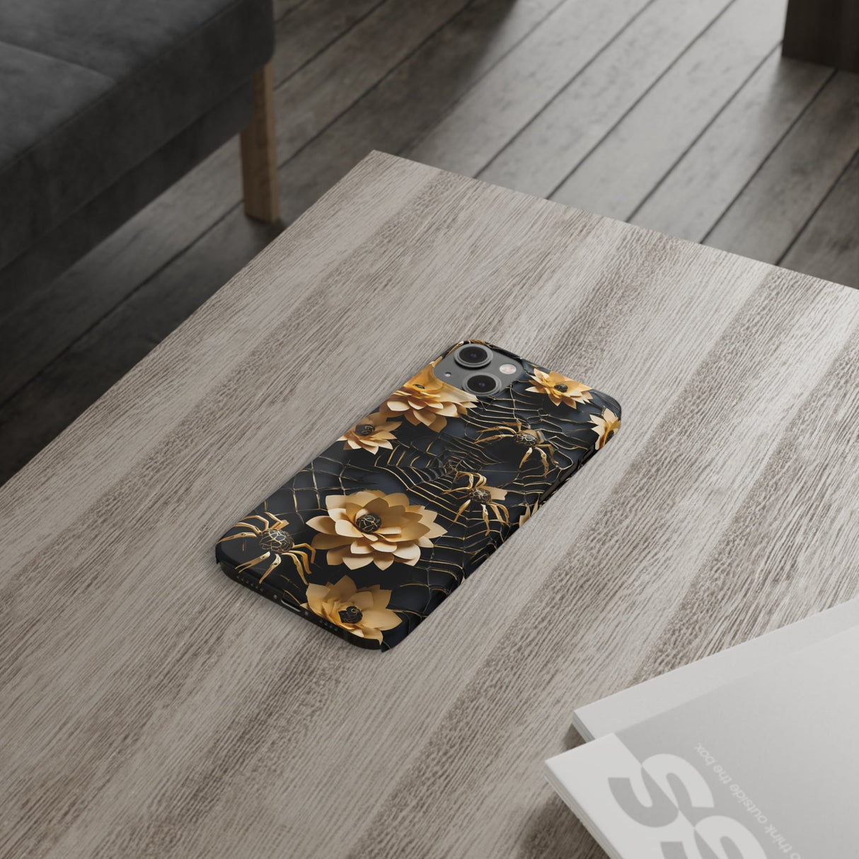 Halloween Black & Gold Spider Slim Phone Cases, Gold Flower Phone Case
