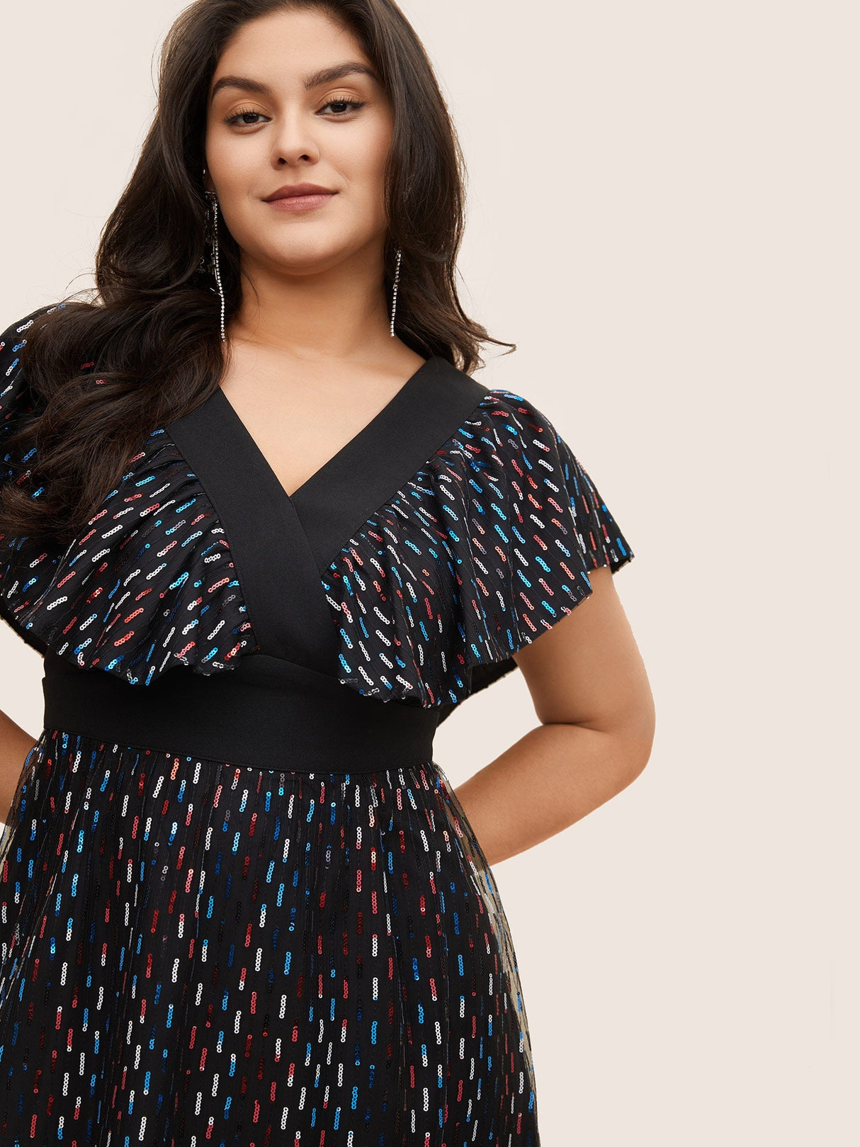 Sequin Patchwork Pocket Flutter Cap Sleeve Dress