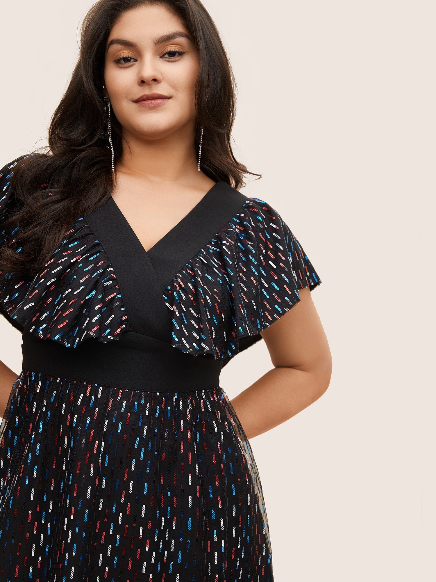 Sequin Patchwork Pocket Flutter Cap Sleeve Dress