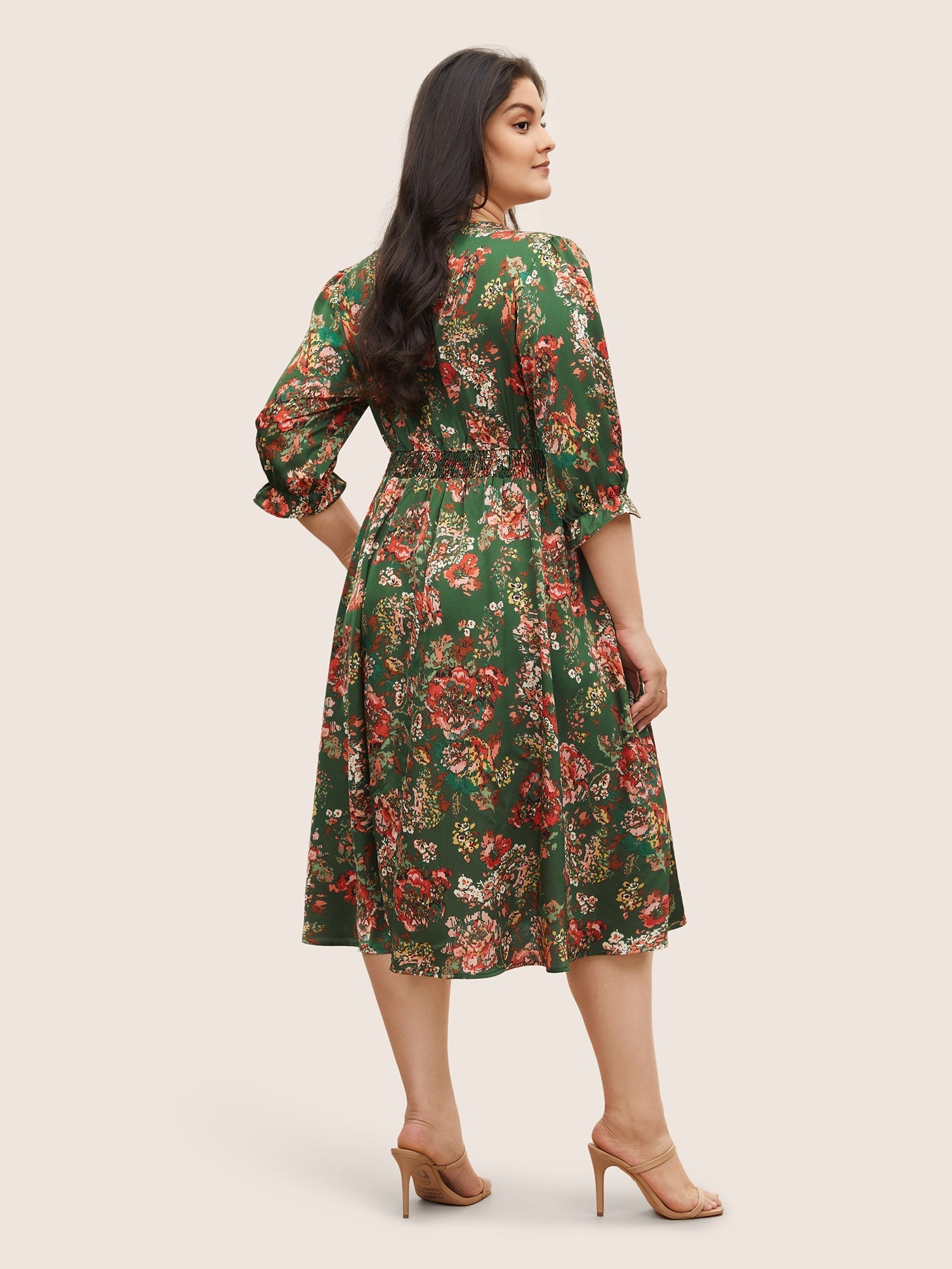 Floral Print Flutter Sleeve Shirred Pleated Dress