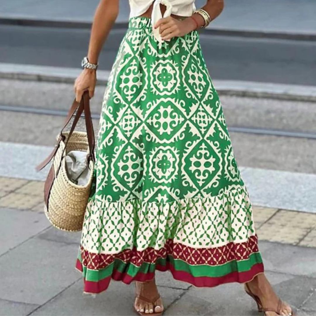 Julia - Maxi skirt with ethnic pattern and ruffled hem
