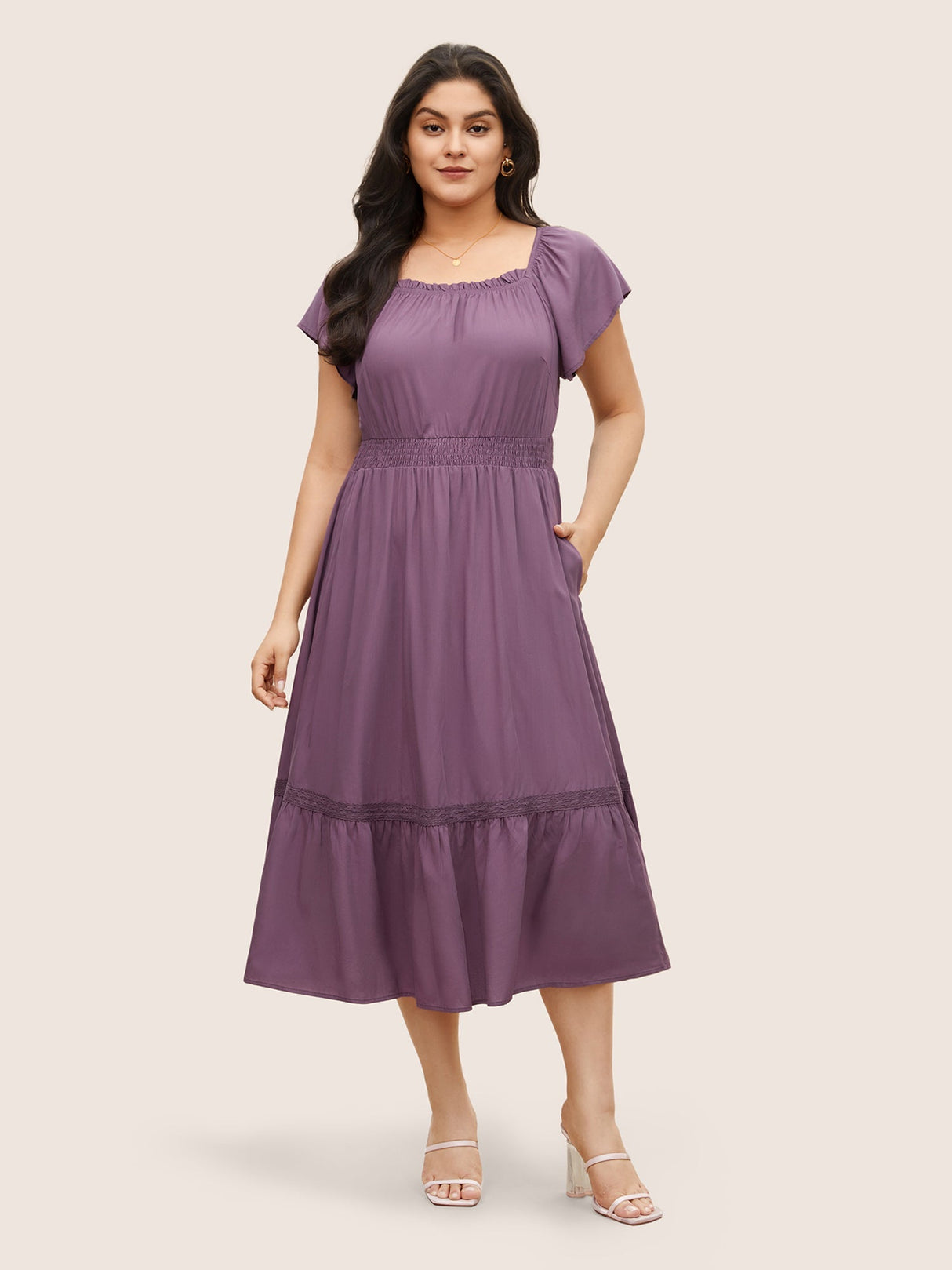 Solid Cap Sleeve Shirred Frill Trim Dress